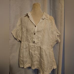 CATHERINE MALANDRINO Solid White Popover Short Sleeve 100% Linen Peplum Blouse M